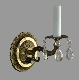 Spanish Brass & Crystal Arm Single Wall Sconce C1960 Vintage Antique Restored