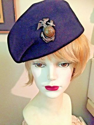 Rare Vtg Womens Us Marine Corp Wool Hat Beret W/world Globe,  Eagle & Anchor Pin