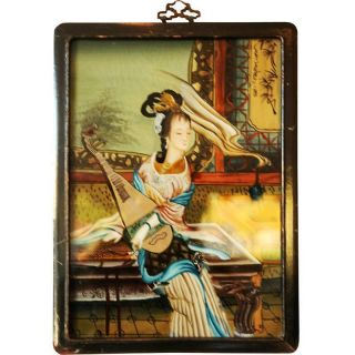 Antique Asian Reverse Painting On Glass Of Geisha