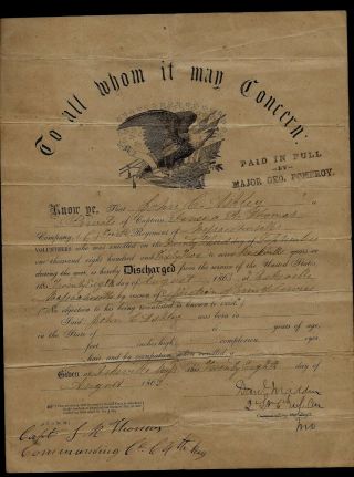 1863 Civil War Discharge Document For Soldier In 4th Massachusetts Infantry