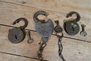 3 Early Antique Padlocks W/ Keys Jwm Yale Ironsides Corbin 6 Lever