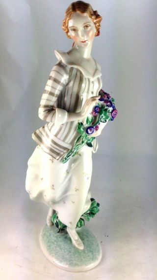 Vintage " Walking Girl With Flowers " Porcelain Figurine By Wien Austria