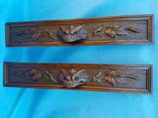 Antique French:2 Fronts/panels,  Carved By Hand,  Solid Oak With Animal Heads,  19th