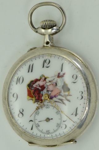 Wow Rare Antique Lecoultre Caliber Silver Pocket Watch,  Enamel Erotic Dial C1890