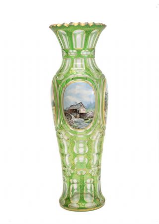 German Bohemian Moser Green Art Glass & Hand Painted Porcelain Plaque Vase C1900