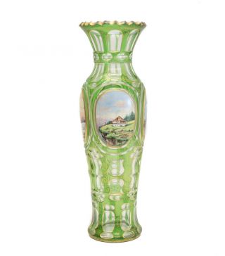 German Bohemian Moser Green Art Glass & Hand Painted Porcelain Plaque Vase c1900 2