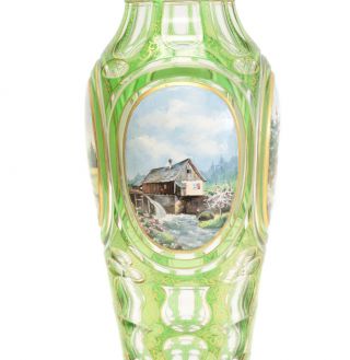 German Bohemian Moser Green Art Glass & Hand Painted Porcelain Plaque Vase c1900 3