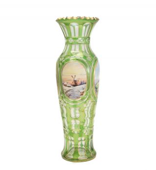 German Bohemian Moser Green Art Glass & Hand Painted Porcelain Plaque Vase c1900 4