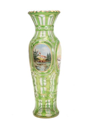 German Bohemian Moser Green Art Glass & Hand Painted Porcelain Plaque Vase c1900 5
