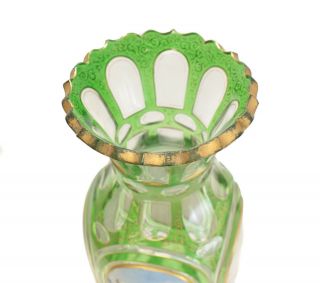 German Bohemian Moser Green Art Glass & Hand Painted Porcelain Plaque Vase c1900 6