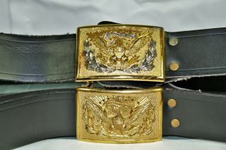 (2) N S Meyers E Pluribus Unum Officers Buckles & Black Leather Parade Belts
