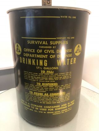 Vintage Civil Defense Metal Drinking Water Drum 17 1/2 Gallon Barrel Rheem 1962