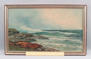 Antique D.  A.  Fisher Maine Rocky Coast Seascape Maritime Oil Painting W/ Seagulls
