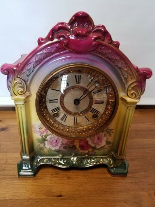 Antique Vintage Ansonia Royal Bonn Porcelain Shelf Clock