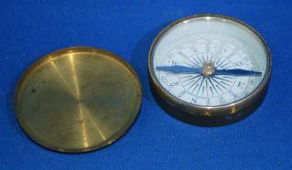 An Attractive Antique Victorian Brass Pocket Compass Cased With Lid,  Makers Mark