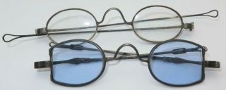 Antique Coin Silver Blue Glass D Horseshoe Spectacles Crank Bridge,  Bonus Pair