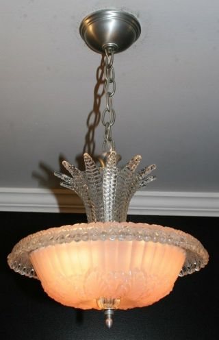 Antique Pink Glass Art Deco Light Fixture Ceiling Chandelier 1940s