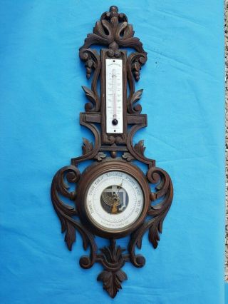 Antique French,  Barometer,  Thermometer,  Carved Wood,  Black Forest,  19th