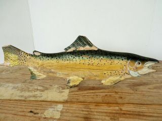 Antique Folk Tramp Art Carved Solid Wood Fishing Decoy Great Color 17.  5 " Long
