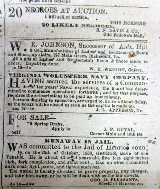 1864 Richmond Virginia Confederate Civil War Newspaper With 5 Slave Ads