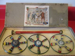 Antique Early 1900s - German - Tin - Spiining Top Toy Set