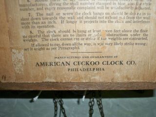 ANTIQUE AMERICAN CUCKOO CLOCK CO.  BLACK FOREST 100 EARLY 1900 ' S 4