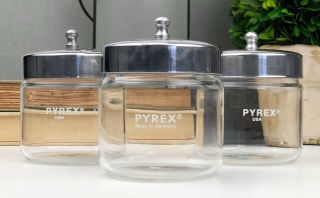 (3) Vintage Pyrex Medical Glass Apothecary Canister Patina Stainless Steel Lid