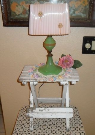 Unique Antique Jadeite Jadite Jadiete Lamp With Outstanding Orig Pink Lampshade