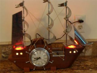 United Sessions Wood Ship Electric Clock,  Metal Sail Red Night Light Model Boat