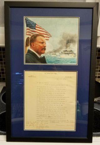 Framed Theodore Roosevelt Signed Letter.  Blames The Democrats For Navy 