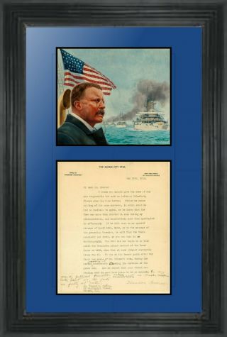 Framed Theodore Roosevelt Signed Letter.  Blames the Democrats for Navy ' s woes. 3