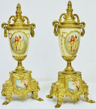 Vintage Franz Hermle 8 Day Bronze & Cream Porcelain Panelled Mantel Clock Set 11