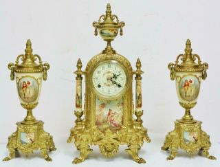 Vintage Franz Hermle 8 Day Bronze & Cream Porcelain Panelled Mantel Clock Set