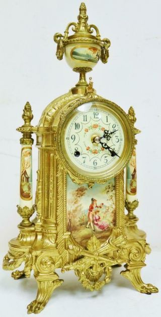 Vintage Franz Hermle 8 Day Bronze & Cream Porcelain Panelled Mantel Clock Set 3