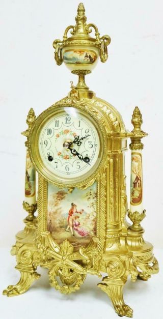 Vintage Franz Hermle 8 Day Bronze & Cream Porcelain Panelled Mantel Clock Set 4