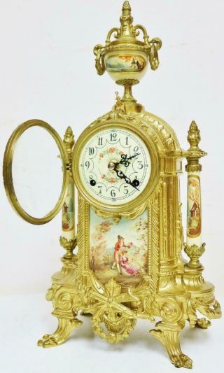 Vintage Franz Hermle 8 Day Bronze & Cream Porcelain Panelled Mantel Clock Set 7