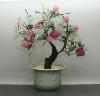 Fantastic Vintage Chinese Gemstone Tree Made Of Jade And Pink Quartz Celadon Pot