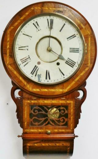 Antique American 8 Day Inlaid Tunbridge Ware Drop Dial Wall Clock