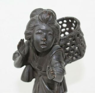 Antique Japanese Meiji Period Cast Bronze Singing Woman W Basket Statue Nr Sms