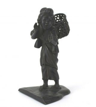 Antique Japanese Meiji Period Cast Bronze Singing Woman w Basket Statue NR SMS 2