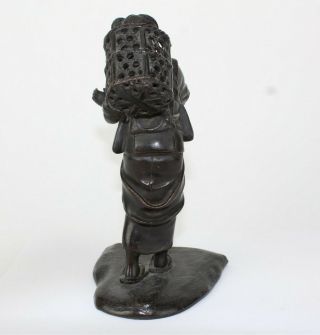 Antique Japanese Meiji Period Cast Bronze Singing Woman w Basket Statue NR SMS 4