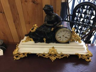 Bronze & Marble French Mantle Clock Stunning 2