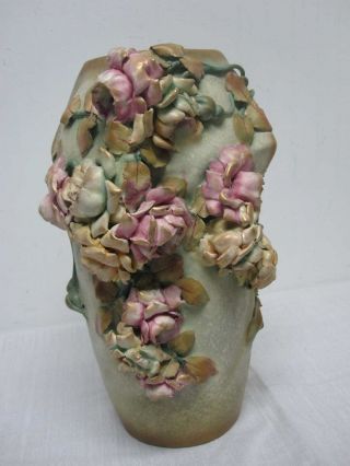 Antique Crown Amphora Teplitz Austria 11 3/4 " Vase W Cabbage Roses