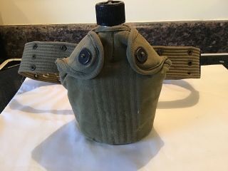 Wwii Us Army S.  M.  C.  O.  Canteen W/ Cup & Cover & Belt 1945