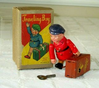 Vintage Traveling Boy W Suit Case - Celluloid - Wind - Up Toy - Org Box - Alps Japan - 4.  5 "