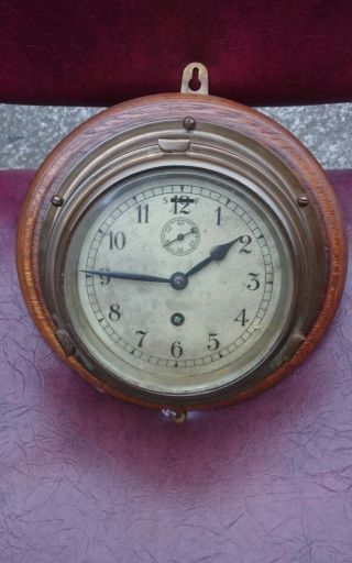 Antique 8 Day Brass,  Oak Ships Bulkhead Clock Gwo Serviced