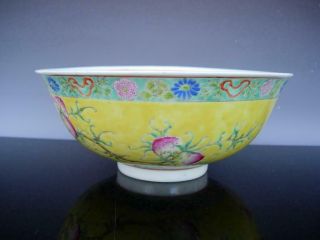 AN ANTIQUE CHINESE YELLOW GROUND FAMILLE ROSE NINE PEACH BOWL,  GUANGXU MK & PD 3