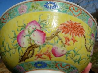AN ANTIQUE CHINESE YELLOW GROUND FAMILLE ROSE NINE PEACH BOWL,  GUANGXU MK & PD 5