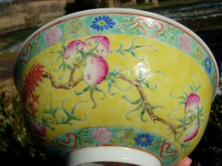 AN ANTIQUE CHINESE YELLOW GROUND FAMILLE ROSE NINE PEACH BOWL,  GUANGXU MK & PD 6