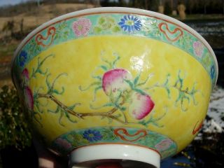 AN ANTIQUE CHINESE YELLOW GROUND FAMILLE ROSE NINE PEACH BOWL,  GUANGXU MK & PD 7